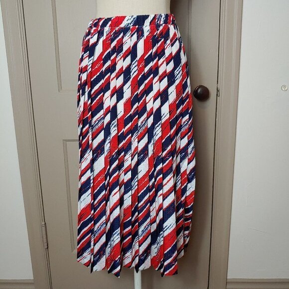 Vintage Accordion Pleated Skirt Nautical Stripe Preppy Coastal Grandma Midi - Picture 2 of 6